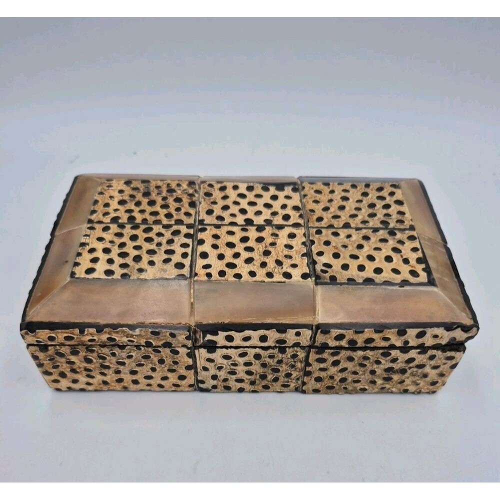 Decorative Wooden Jewelry Box Gold Black Textured Stone Inlay Hinged Lid Storage